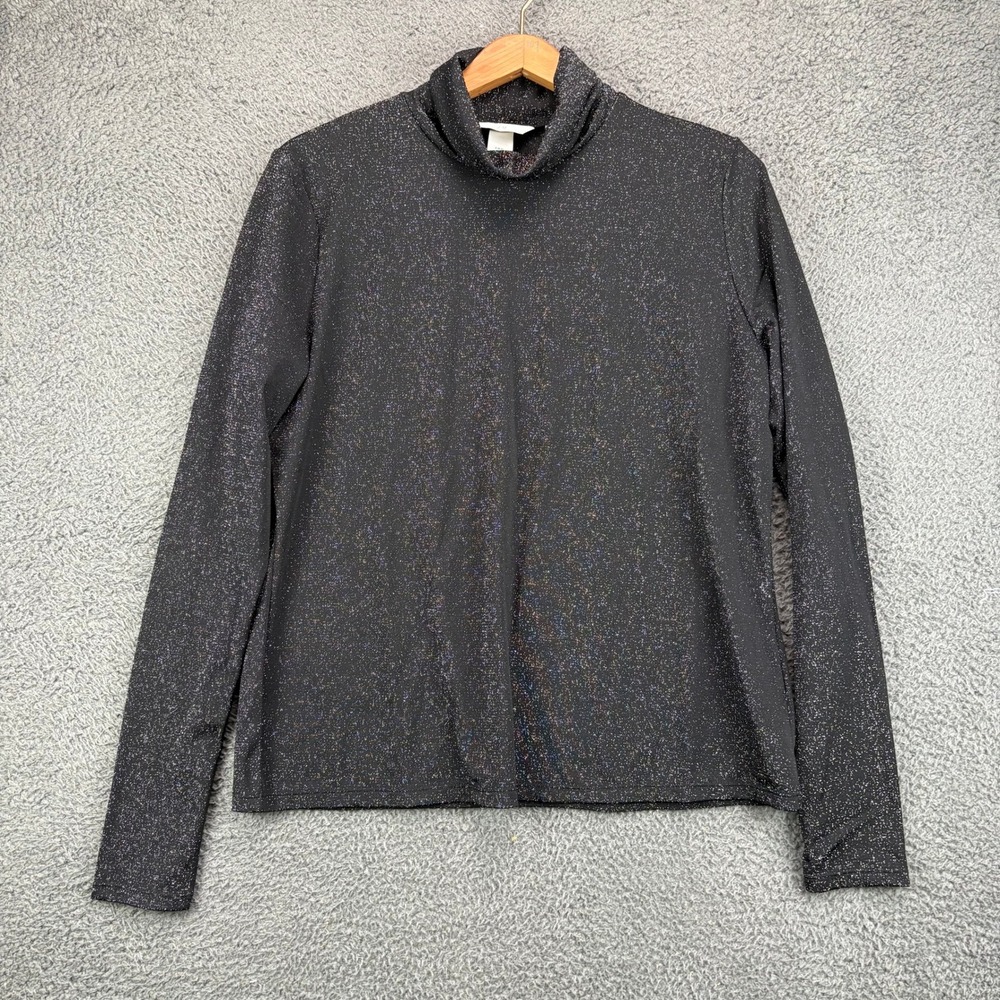 HM Womens XL Black Sparkly Metallic Glitter Mock Neck Long Sleeve Top Shirt